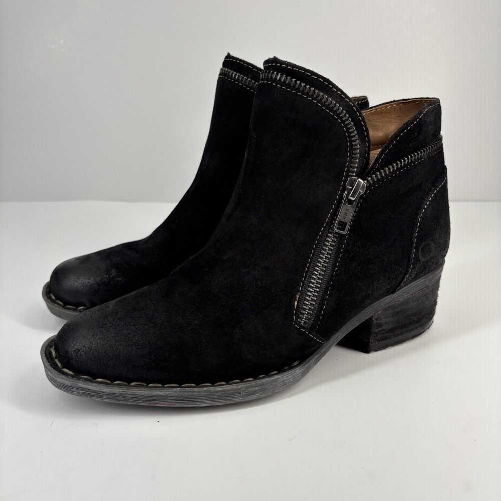Born Malta Women's US 6.5M Black Distressed Suede Leather Zip Moto Bootie Casual